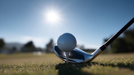 Golf ball on tee ready to be teed off with golf club on golf course on sunny day