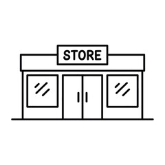 Simple line art icon of a storefront with the word store above the entrance