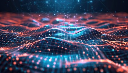 Abstract digital landscape with glowing network.