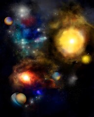 Celestial bodies against colorful nebulous space