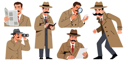 Detective Character Illustrations with Various Poses and Actions for Creative Projects and Storytelling