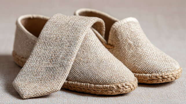 Flatlay of handmade straw bast shoes and coarse burlap necktie on soft linen surface with organic rustic aesthetics
