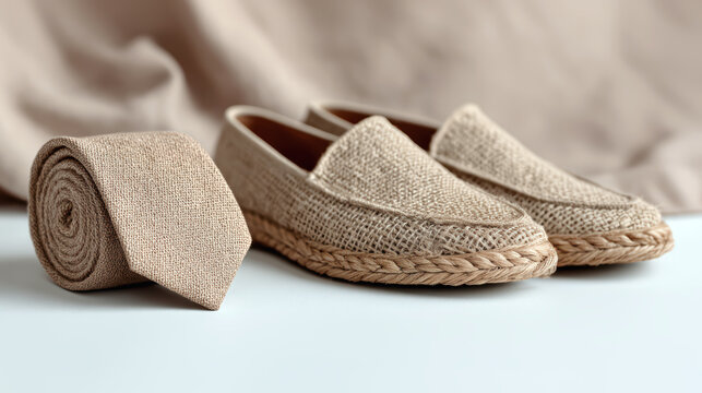 Natural bast shoes and rustic burlap tie placed on linen fabric with clean layout and organic neutral background