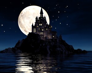 Castle illuminated beneath moonlit starry skies