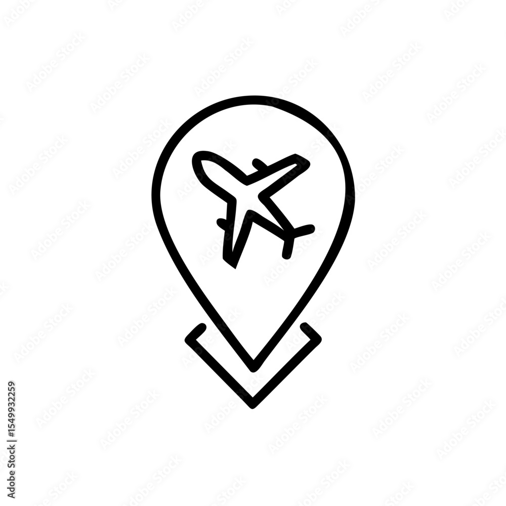 Poster handdrawn line art airplane location marker icon simple design travel trip flight map pointer