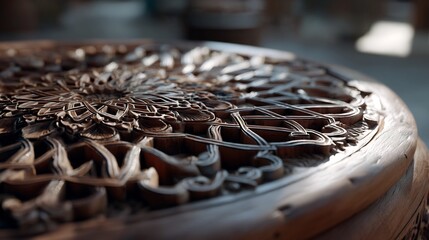 Intricate wooden carving featuring symmetrical floral designs, craftsmanship detail