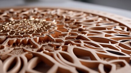Intricate wooden carving with detailed pattern and golden accents surface close up
