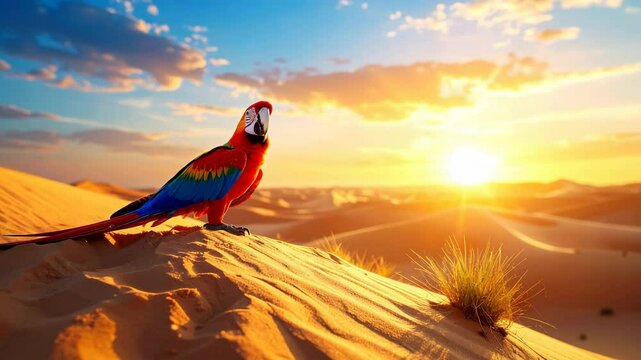 Colorful parrot perched gracefully on a wind-swept sand dune against a clear blue sky