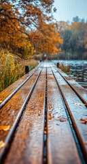 Rainy Autumn Wooden Pathway by the Lake