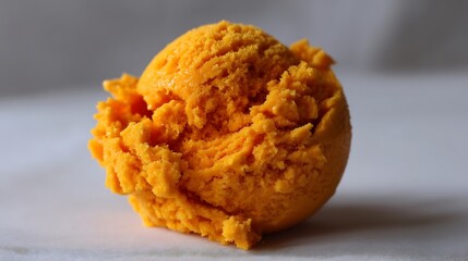 Macro shot of a single scoop of bright orange flavored ice cream on white background
