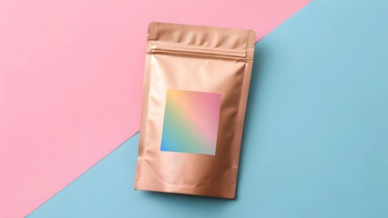 Rose gold pouch with rainbow label on pink and blue background