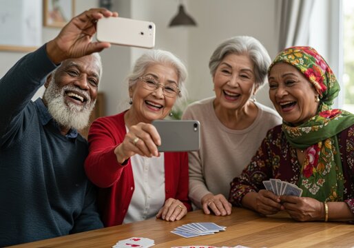 A diverse group of seniors happily take a selfie while playing cards together. - Powered by Adobe