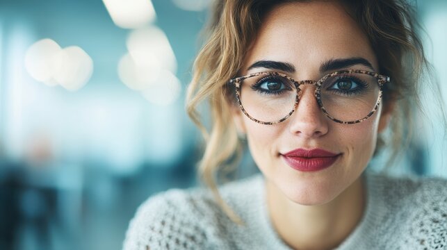 A close-up portrait of a confident woman with stylish glasses, radiating warmth and poise, set against a softly blurred background that enhances her features and expression.
