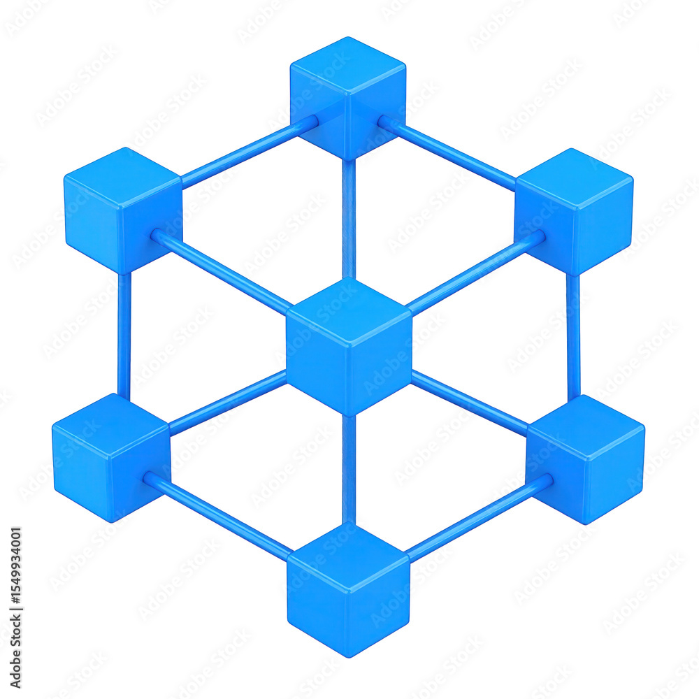 Poster blockchain network technology concept with blue cubes and connections isolated on transparent backgr