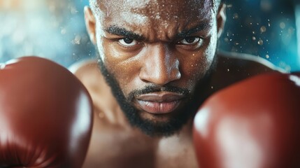 A determined boxer in a focused stance, glistening with sweat, embodies the spirit of perseverance and strength, highlighting the intensity and dedication involved in combat sports and athleticism.