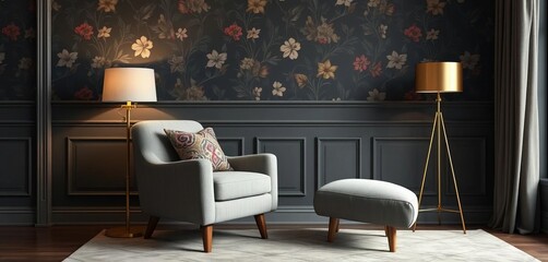Grey fabric lounge chair with patterned cushion, floral wallpaper molding, gold lamp in dark living room,  detail,  style
