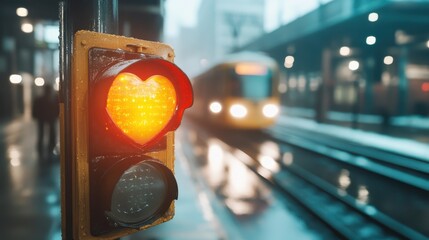 An artistic take on a heart-shaped traffic light glowing against a blurred train station backdrop, conveying themes of love and the hustle of everyday life.