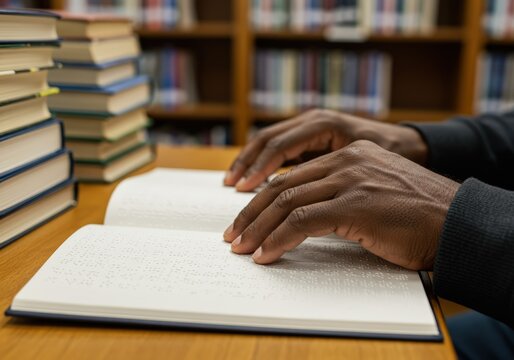 Hands of a person reading braille in a library, promoting education and accessibility.