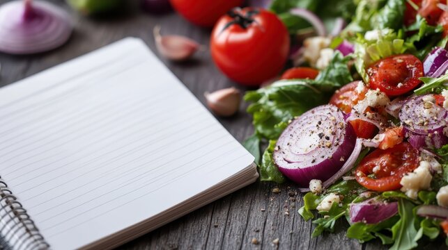 An appetizing salad made with fresh vegetables, presented alongside a blank notebook, perfect for recipe ideas or meal planning in a rustic kitchen setting.