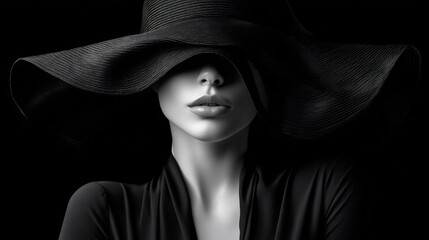 Mysterious elegance: A woman in shadows with a large black hat portrait