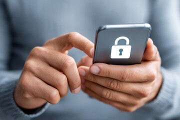 Businessman using smartphone with security lock icon displayed on screen