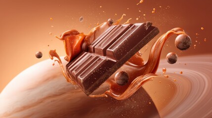 Mid-air chocolate bar fragment with molten caramel ribbons drifting past a ringed planet horizon