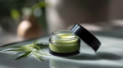 Organic skincare cream in glass jar with plant extract, natural beauty concept