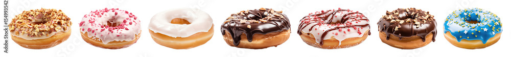 Poster png colorful assorted donuts display, element set on transparent background