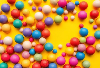 Fototapeta premium Joyful colorful balls scattered on yellow background, bright yellow, round