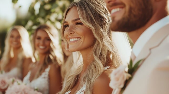 A joyful bride is captured with her bridal party during a celebration, embodying the essence of love, friendship, and the joy of special moments in life. - Powered by Adobe