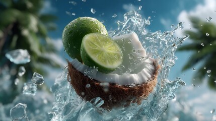 Refreshing tropical delight: Coconut and lime in a vibrant splash of water
