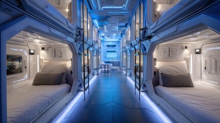 Obraz premium Minimalist crew quarters with modular sleeping pods illuminated by soft blue ambient lighting and chrome-plated bulkheads