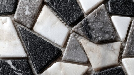 Minimalist mosaic texture of matte black and white marble pieces in random tessellation