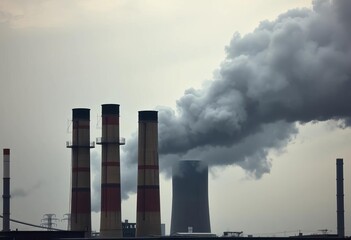 Obraz premium Grimy smokestacks belch black smoke against a hazy, polluted sky, industrial area, emission