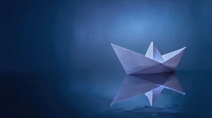 Minimalist origami sailboat crafted from crisp white paper on a soft water reflection background
