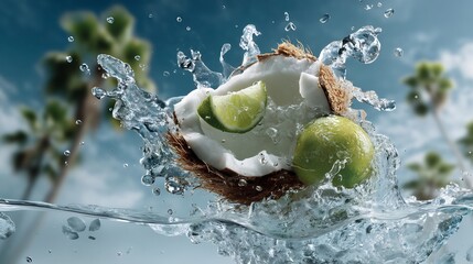 Refreshing tropical escape: coconut and lime immersed in splashing clear water bliss
