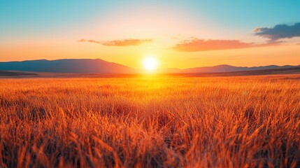Fototapeta premium Golden sunset over a vast field of tall grass.
