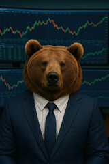 Humorous concept of bear market with a bear wearing business suit and tie standing in front of stock trading charts showing downward trends representing financial downturn or bearish economy