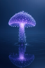 Glowing purple translucent mushroom covered in water droplets rising from calm surface in magical fantasy setting