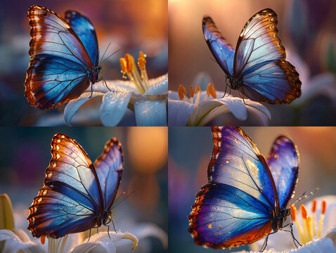 Macro photography of a Vibrant Morpho Butterfly during sunset | Bundle of 4 images