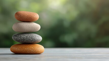 A serene arrangement of four stacked stones symbolizes balance and harmony, serving as a profound representation of inner peace and mindfulness amid a natural background of soft greens.
