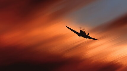 Obraz premium Old warplane silhouette flying past a softly blurred fiery sunset cloud bank