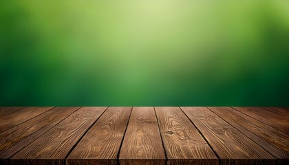 empty brown wooden table top over green gradient background