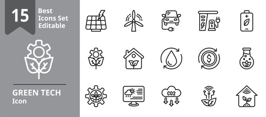 Set of Green Tech icons. Contains solar panels, wind turbines, electric vehicles, recycling, etc . Design elements for you projects. Editable stroke vector illustration