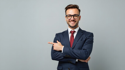 Smiling Businessman Presenting: A confident, smiling businessman in glasses and a suit points towards the left, ready to present his next idea or offer.