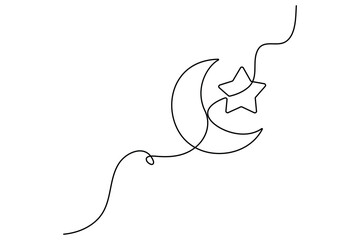 One line drawing of crescent moon and star minimalist ramadan vector design
