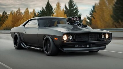 Experience the Raw Power of a Modified Classic Muscle Car on the Open Road Highway - Powered by Adobe