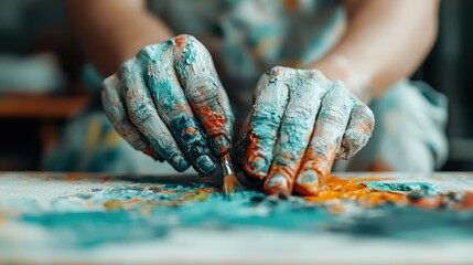 A close-up of paint-covered hands skillfully blending vibrant colors on a canvas, showcasing the artistry and creative process involved in painting with passion.