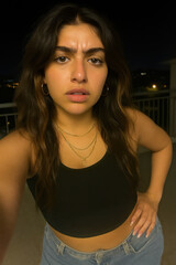 Young woman taking nighttime selfie with raised brow and slightly confused or annoyed expression representing candid emotion and casual evening vibe