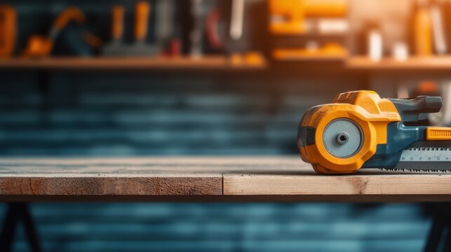 A close-up of a vintage tape measure resting on a wooden workbench, encapsulating the tools of trade and craftsmanship, inviting creativity and precision in projects.